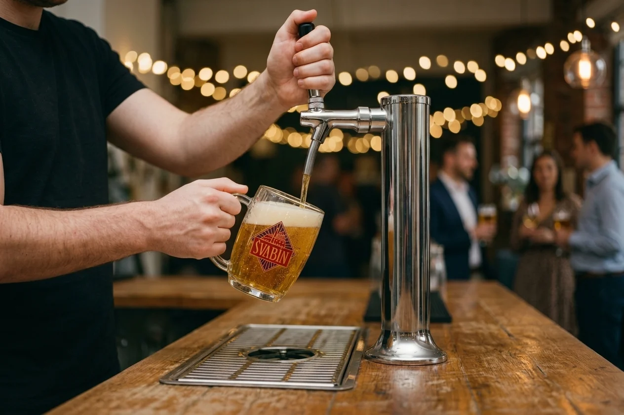 Výčepní čepuje pivo Švabín do půllitru na firemním večírku
